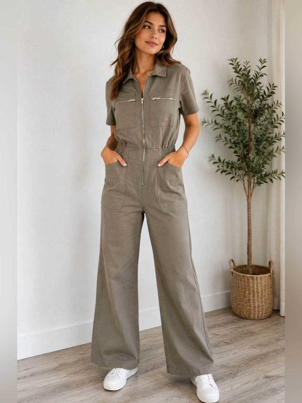 Hunter Brown NWT Khaki Utility Wide Leg Jumpsuit Size Small